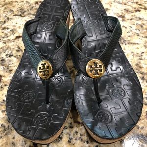 Tory Burch 8 Black Thora Wedge Thong Sandals New